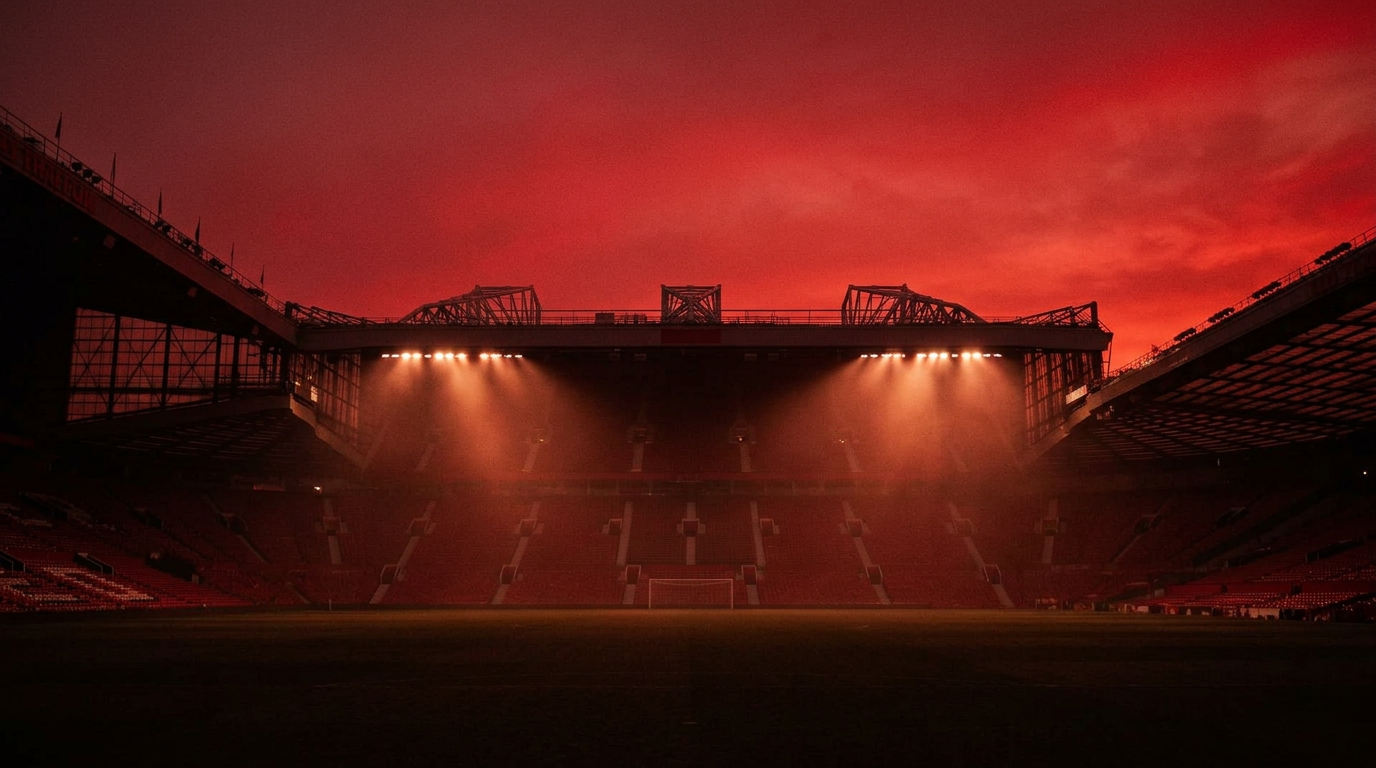 Old Trafford bathed in red light at twilight